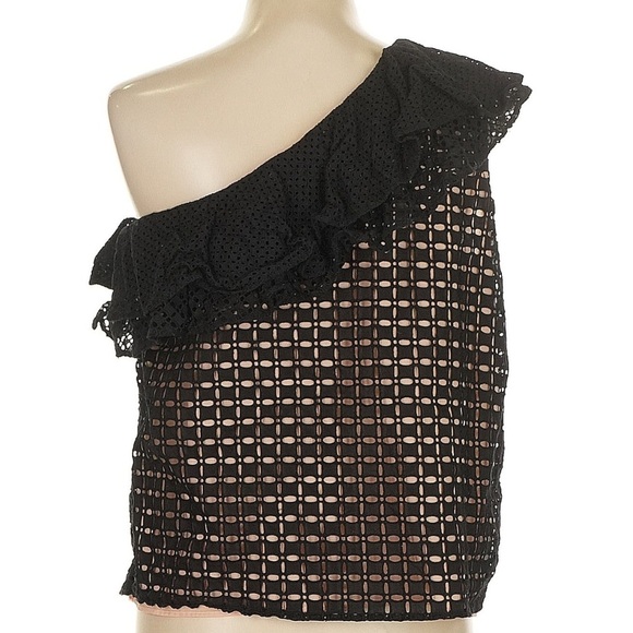 J. Crew Black Cotton Eyelet Lace Ruffled One-Shoulder Top Blouse Size 12 Large L - Picture 3 of 7